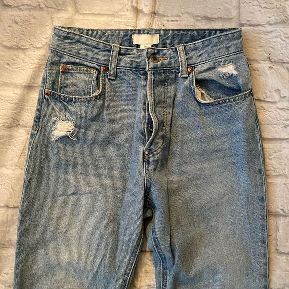 H&M women 4 100% cotton button fly ripped blue jeans - Picture 3 of 10